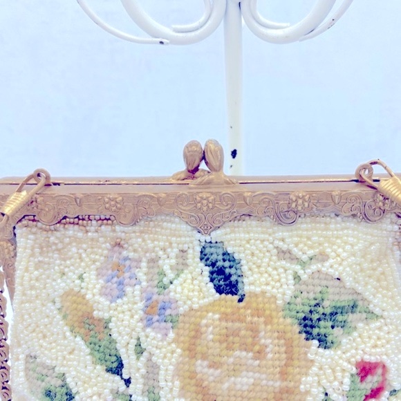Vintage Ivory Seed Bead Beaded Evening Bag Beautiful Floral Design Newport News - Picture 7 of 13